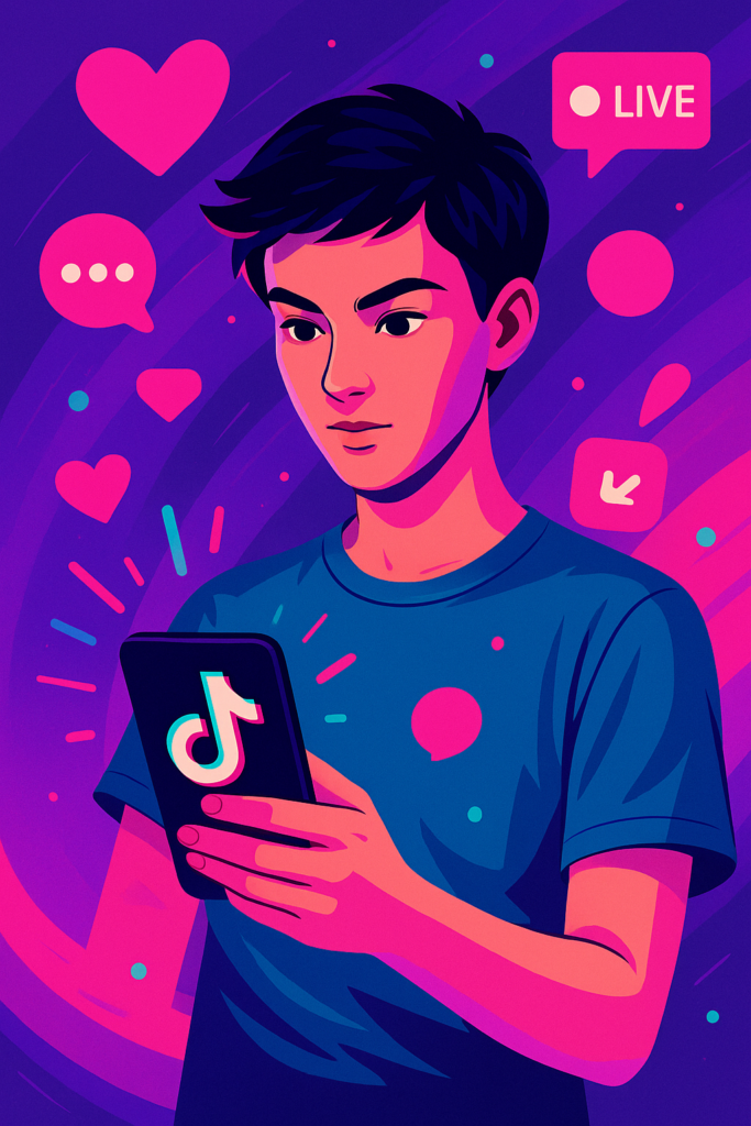En digital illustration av en ung person med mörkt hår, som håller en smartphone och tittar på TikTok-logotypen på skärmen. Runt personen svävar sociala medieikoner som hjärtan och meddelanden, och en "LIVE"-bubbla är synlig i bakgrunden. Hela scenen är upplyst i livliga rosa, lila och blå färger, vilket framhäver energin i sociala medieinteraktioner.
